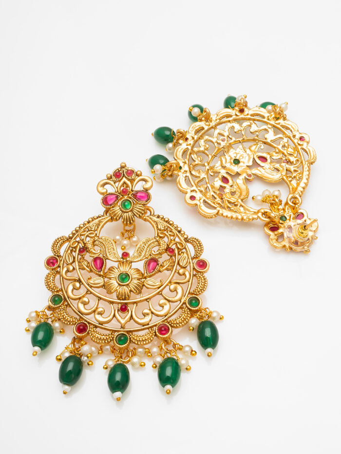 Golden Ethnic Drop Earrings with Green Beads & Floral Motifs