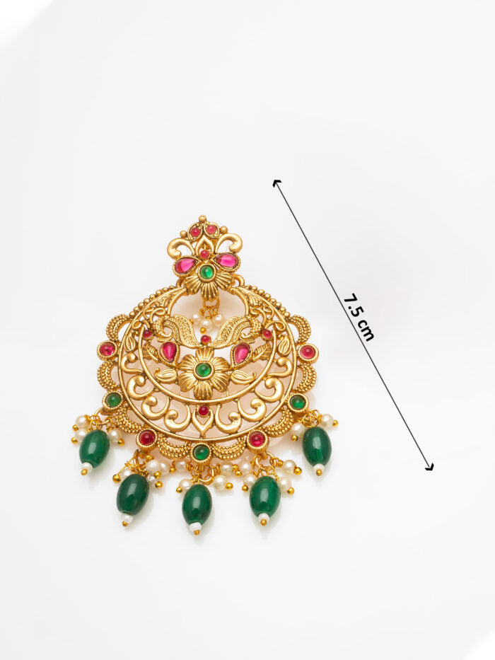Golden Ethnic Drop Earrings with Green Beads & Floral Motifs