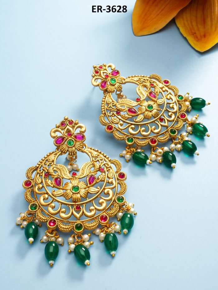 Golden Ethnic Drop Earrings with Green Beads & Floral Motifs