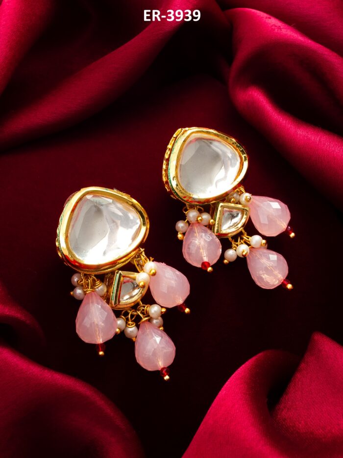 White Kundan & Rose Pink Drop Earrings
