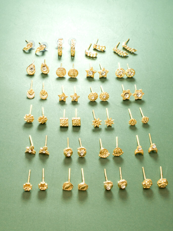 Practical combo set of gold-toned stud earrings for everyday wear.