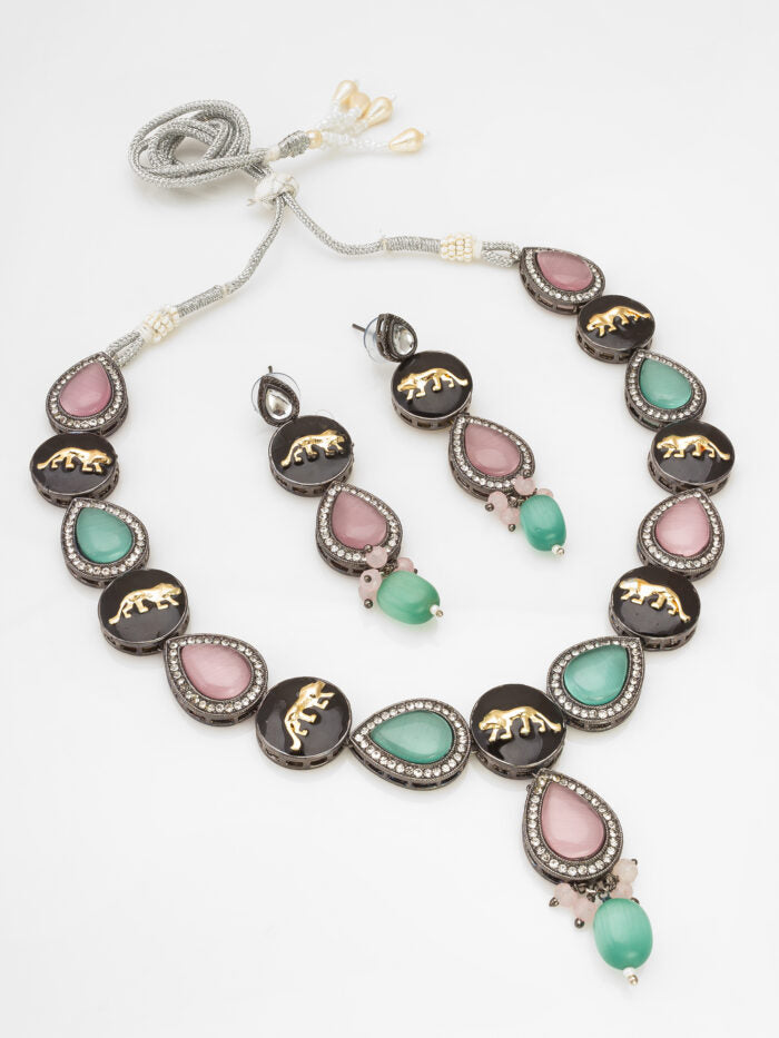 Royal Panther Oxidized Kundan Set