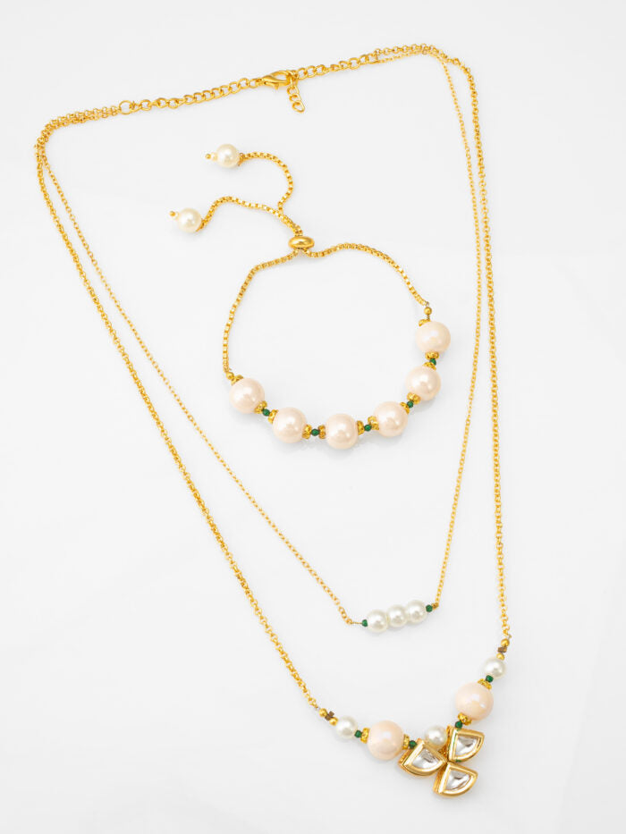 Elegant Blossom White Pearl Kundan Necklace & Bracelet Set
