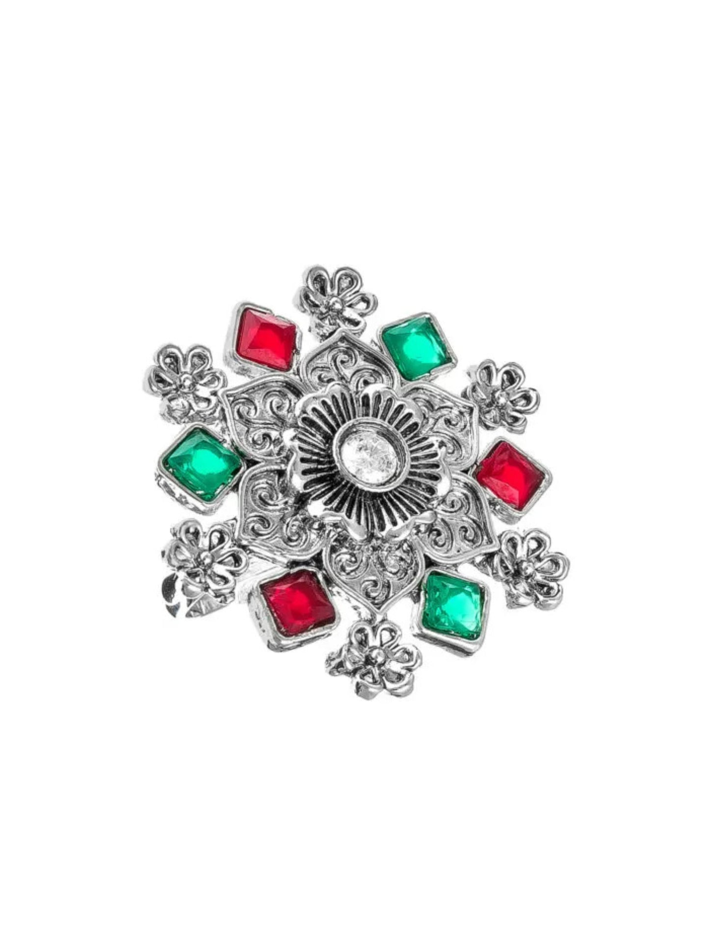 Delicate silver ring with small, star-like charm details.