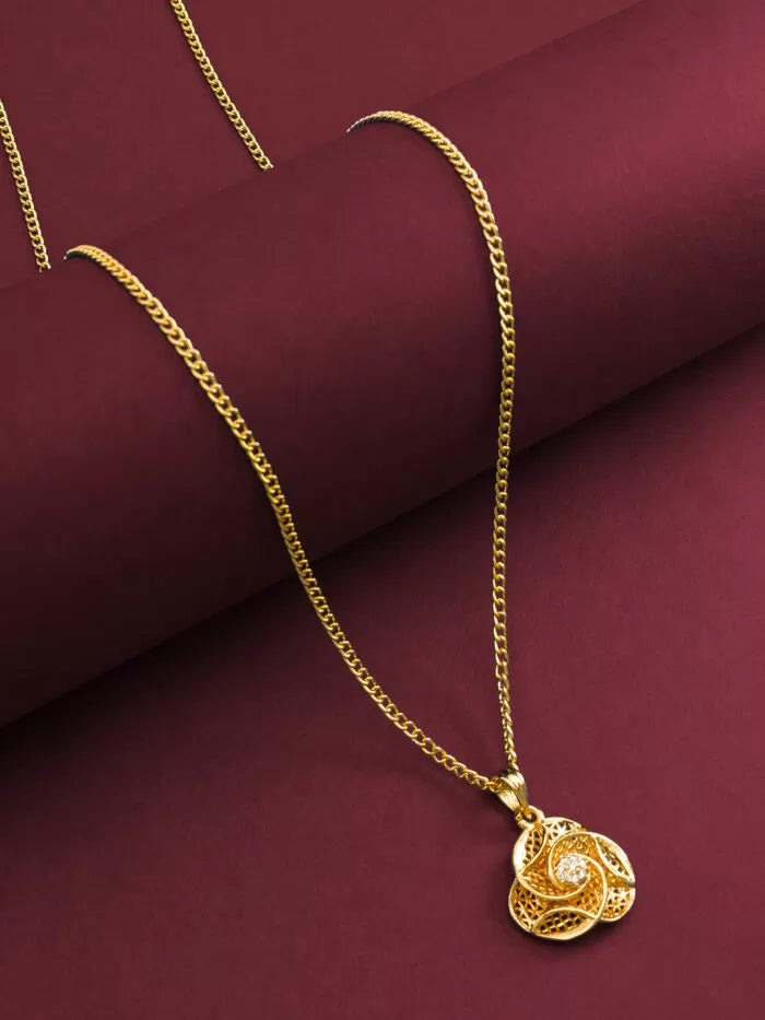 Charming pendant with a blossom design and a central stone that appears to twirl.