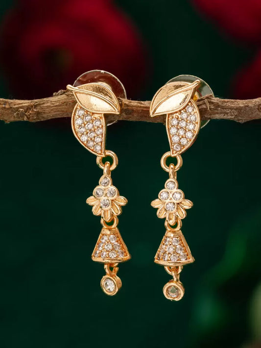 Jhumka earrings adorned with American Diamonds in a leaf and floral design.