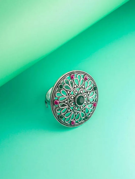 Vintage-inspired statement ring with an intricate mandala pattern in an antique finish.
