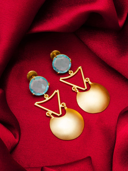 Statement earrings with a geometric design in aqua ('firozi') and gold, with a beautiful 'gleam'.