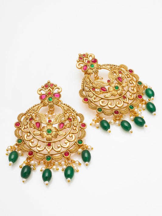 Golden Ethnic Drop Earrings with Green Beads & Floral Motifs