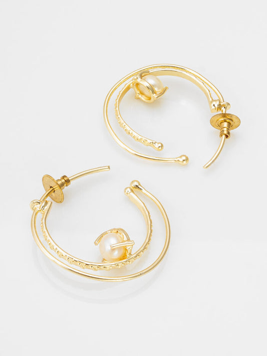 Celestial Orbit – Gold Pearl Designer Hoop Earrings