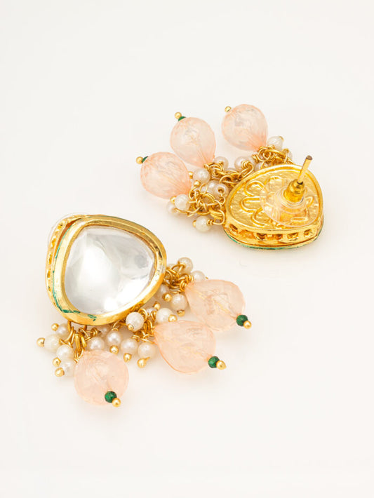 White Kundan Drop Earrings with Blush Pink Beads