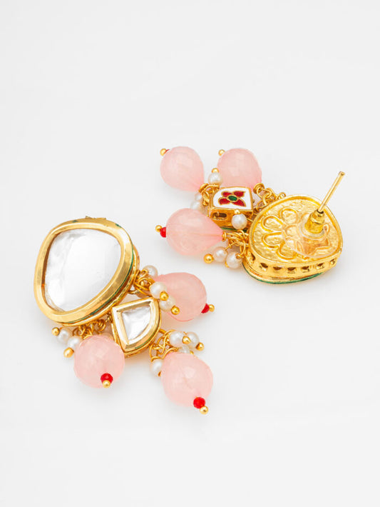 White Kundan & Rose Pink Drop Earrings