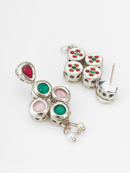 Multicolor Silver-Plated Kundan Designer Earrings