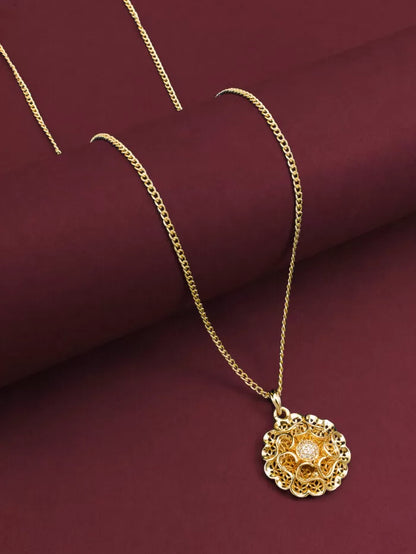 Elegant gold pendant featuring a blooming floral design with a pearl center.