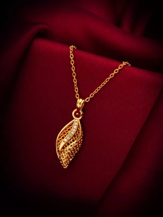 Delicate gold pendant in the shape of a whispering leaf.