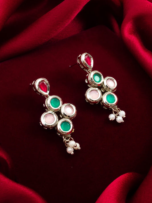 Designer earrings with colorful kundan work and a silver-plated finish.