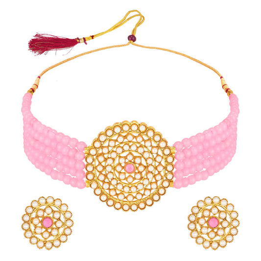 Baby Pink Beaded Kundan Choker Necklace Set with Earrings