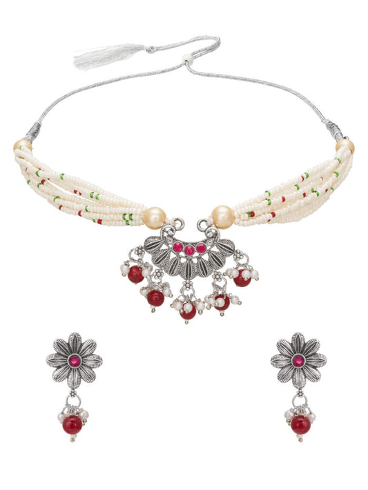 Oxidized Maroon & White Beaded Necklace Set