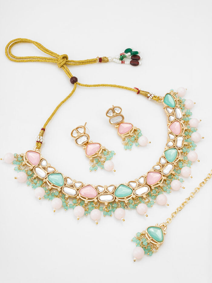 Pastel Kundan Multicolor Necklace Set with Earrings & Maang Tikka