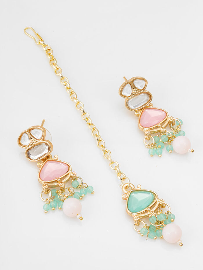 Pastel Kundan Multicolor Necklace Set with Earrings & Maang Tikka