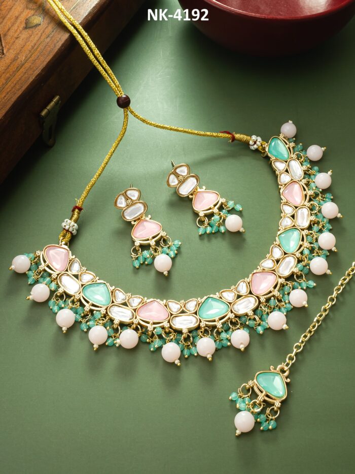 Pastel Kundan Multicolor Necklace Set with Earrings & Maang Tikka