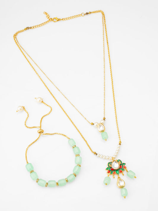Royal Meenakari Mint Kundan Necklace & Bracelet Set