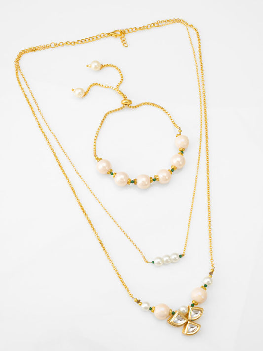 Elegant Blossom White Pearl Kundan Necklace & Bracelet Set