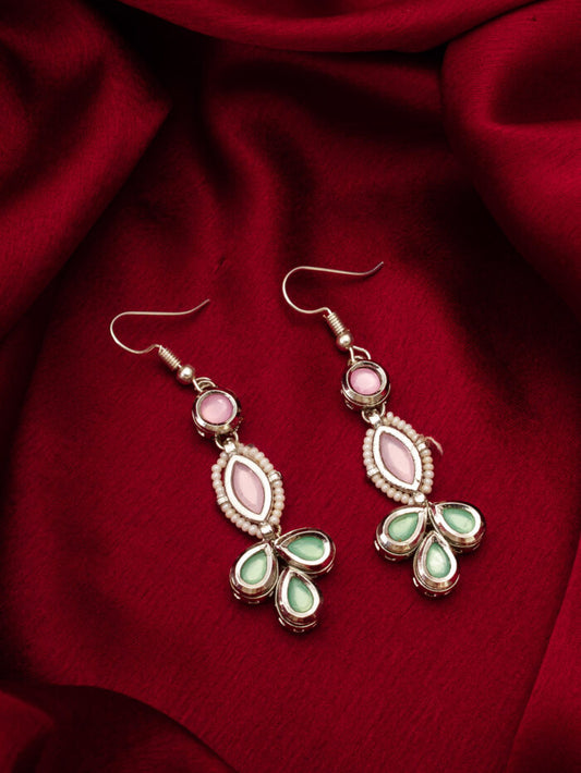Elegant chandelier earrings with soft pastel-colored kundan work.