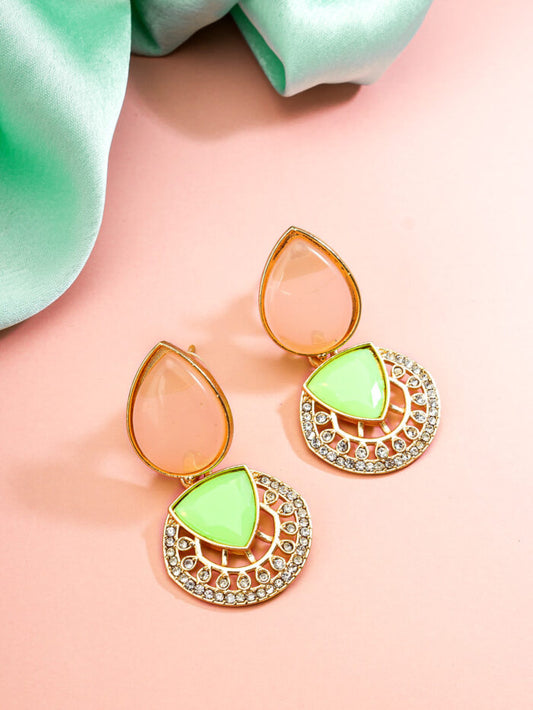 Fresh gold-plated earrings with peach and mint colored accents and a radiant shine.