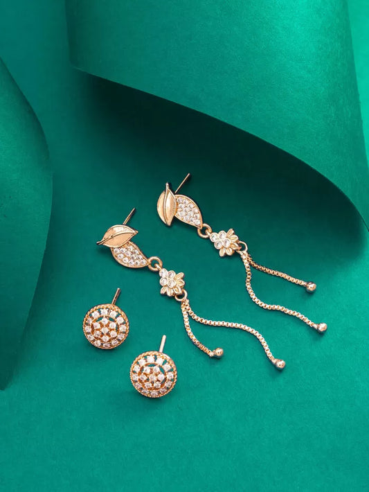 Charming combo set of rose gold earrings with floral and leaf drop and stud designs.