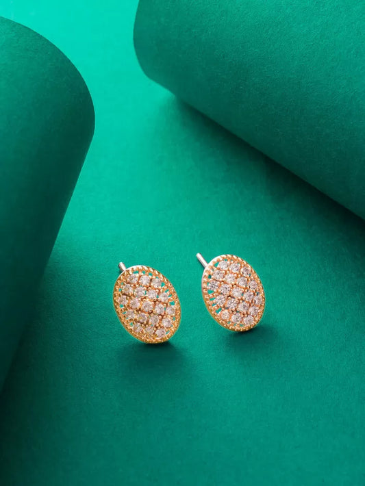 Elegant rose gold stud earrings with an oval shape and sparkling accents.