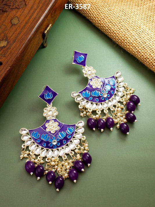 Regal dangler earrings with purple meenakari enamel work.