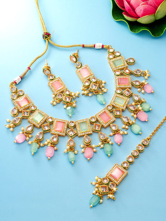 Regal jewelry set with vibrant multicolor kundan work and a radiant design.