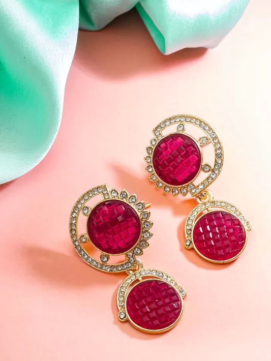 Striking drop earrings with two connected circles in a vibrant ruby red color.