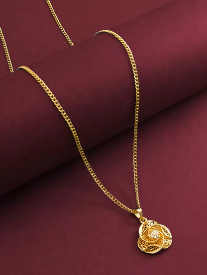 Charming pendant with a blossom design and a central stone that appears to twirl.